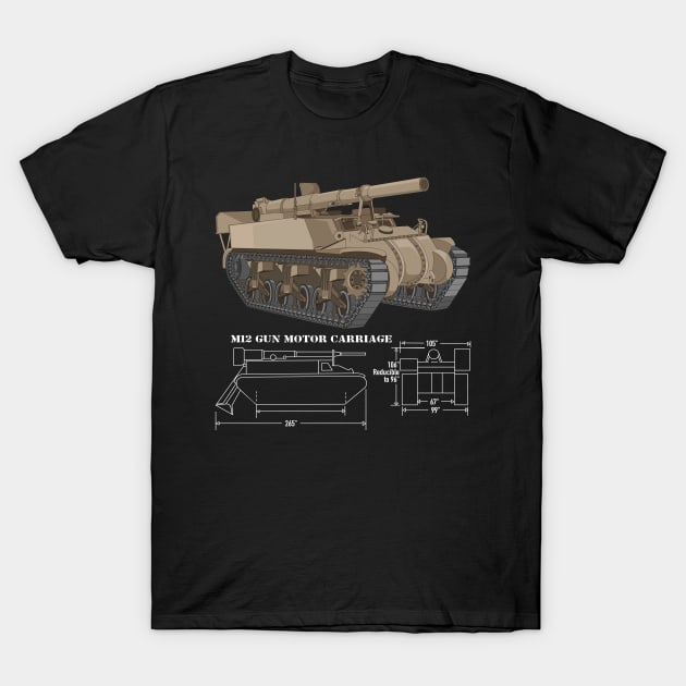 M12 Gun Motor Carriage WW2 American SPG Diagram WW2 American Fargo Diagram and Blueprint Gift T-Shirt by Battlefields